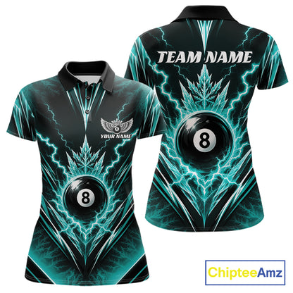 Custom Turquoise Blue Icy Lightning 8 Ball Billiards Women Polo Shirt, Pool League Shirt IPHW11766