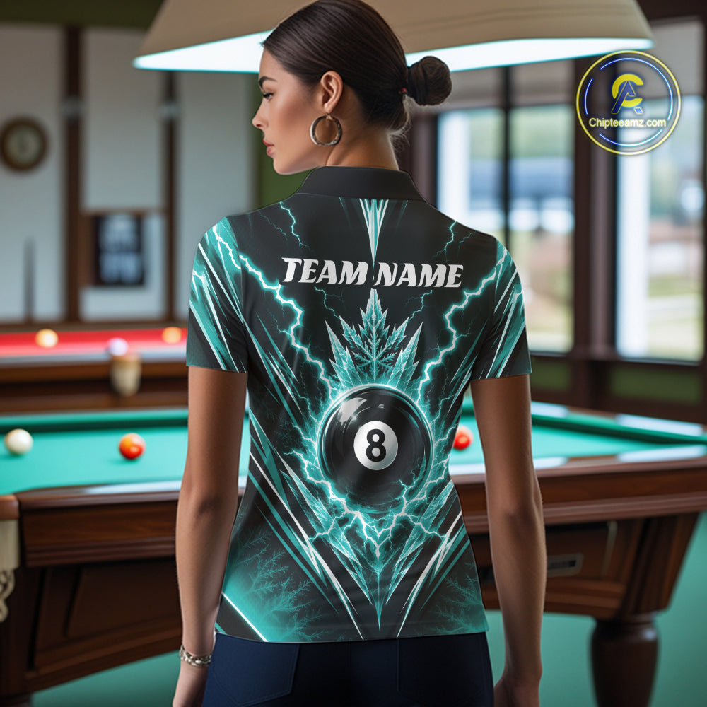 Custom Turquoise Blue Icy Lightning 8 Ball Billiards Women Polo Shirt, Pool League Shirt IPHW11766