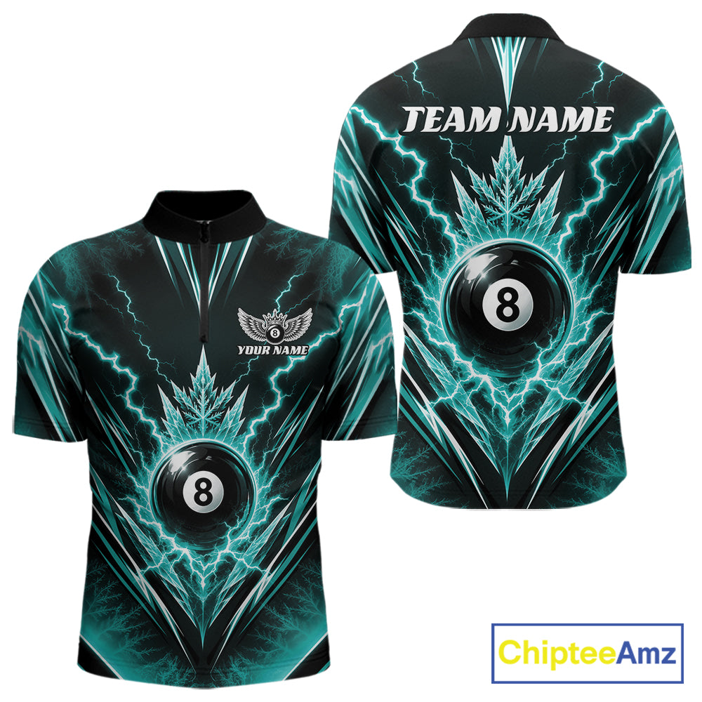 Custom Turquoise Blue Icy Lightning 8 Ball Billiards Men Quarter Zip Shirt, Pool League Shirt IPHW11766