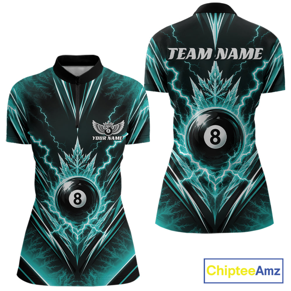 Custom Turquoise Blue Icy Lightning 8 Ball Billiards Women Quarter-Zip Shirt, Pool Shirt IPHW11766
