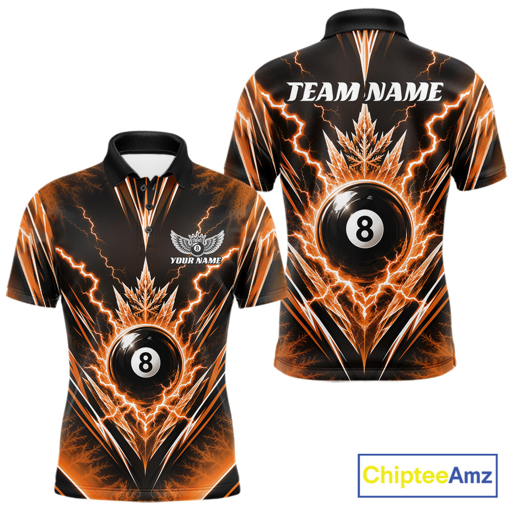 Custom Orange Icy Thunder Lightning 8 Ball Billiards Men Polo Shirt, Pool League Shirt IPHW11767