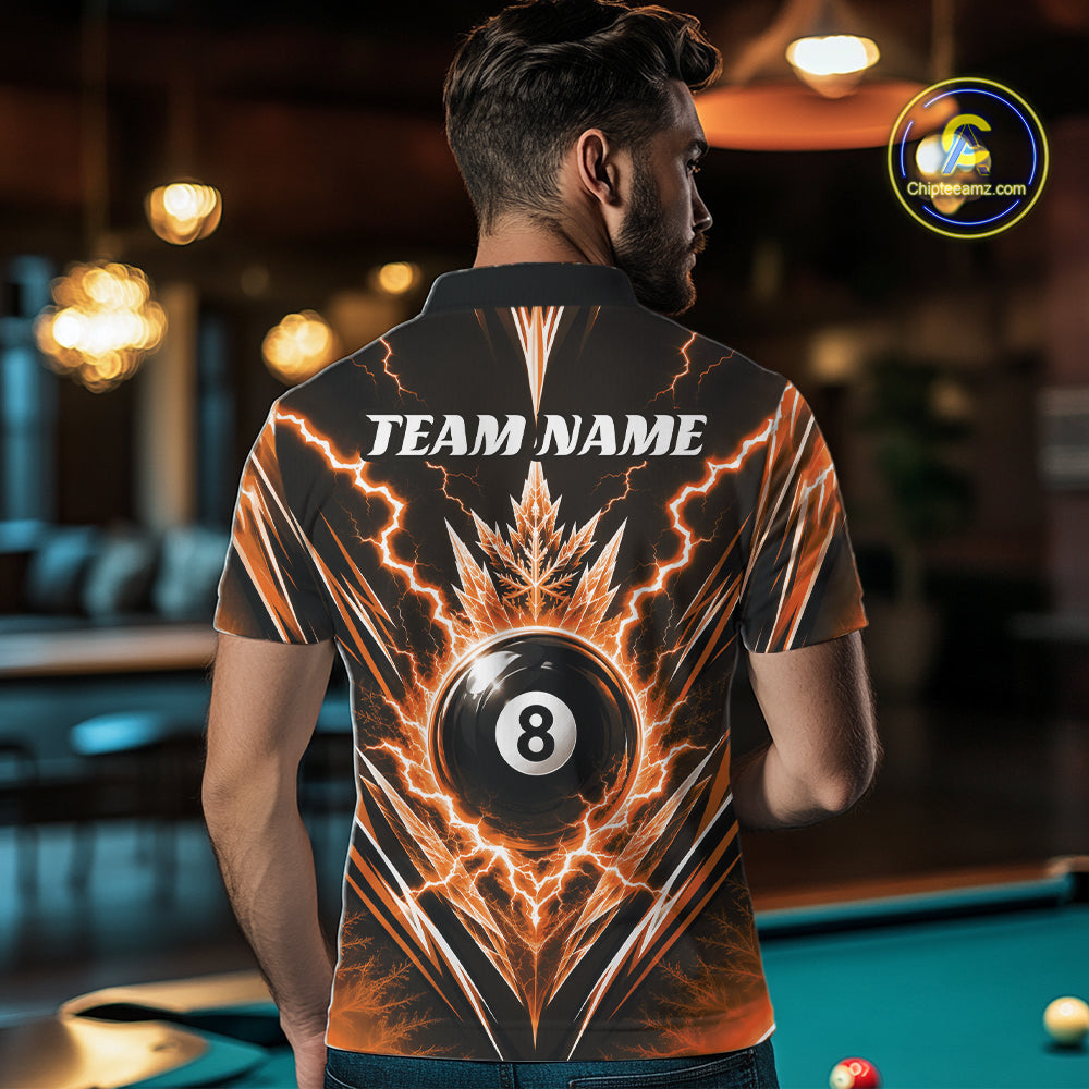 Custom Orange Icy Thunder Lightning 8 Ball Billiards Men Polo Shirt, Pool League Shirt IPHW11767