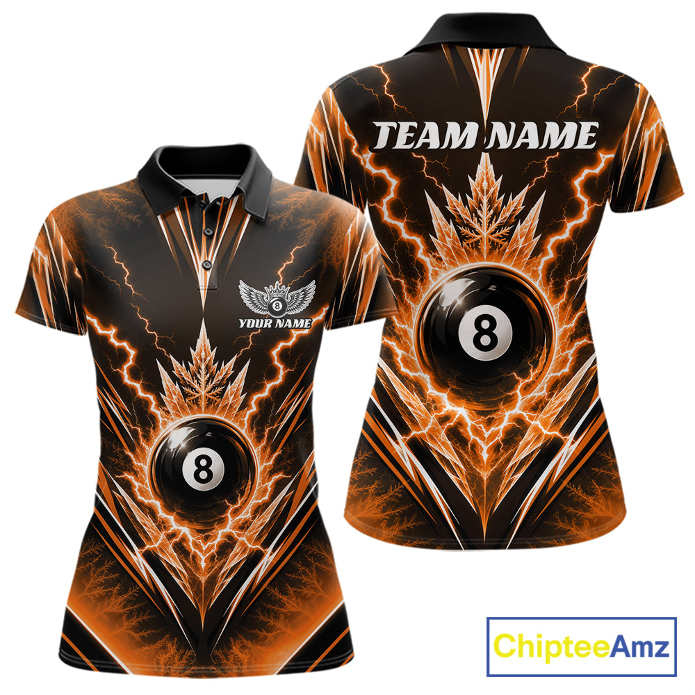Custom Orange Icy Thunder Lightning 8 Ball Billiards Women Polo Shirt, Pool League Shirt IPHW11767