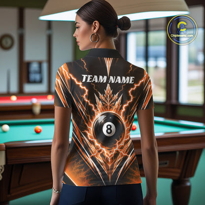 Custom Orange Icy Thunder Lightning 8 Ball Billiards Women Polo Shirt, Pool League Shirt IPHW11767