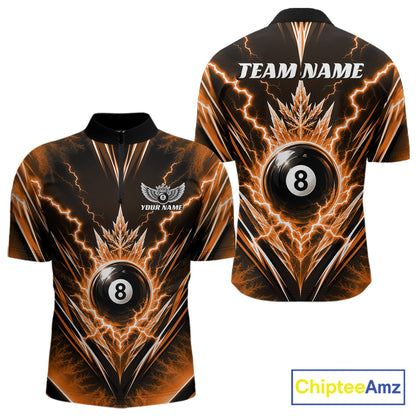 Custom Orange Icy Thunder Lightning 8 Ball Billiards Men Quarter Zip Shirt, Pool League Shirt IPHW11767