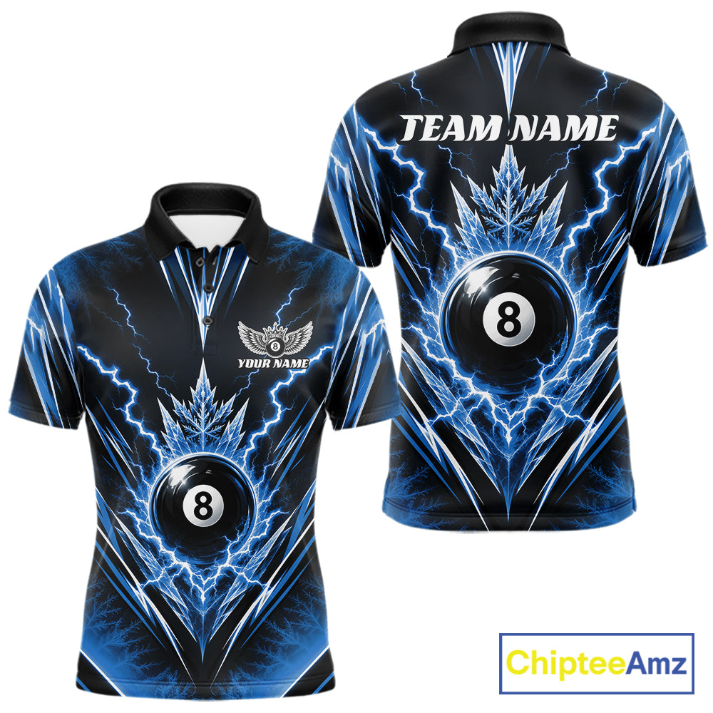 Custom Blue Icy Thunder Lightning 8 Ball Billiards Men Polo Shirt, Pool League Shirt IPHW11768