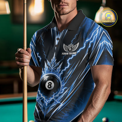 Custom Blue Icy Thunder Lightning 8 Ball Billiards Men Polo Shirt, Pool League Shirt IPHW11768