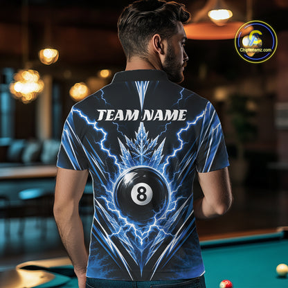 Custom Blue Icy Thunder Lightning 8 Ball Billiards Men Polo Shirt, Pool League Shirt IPHW11768