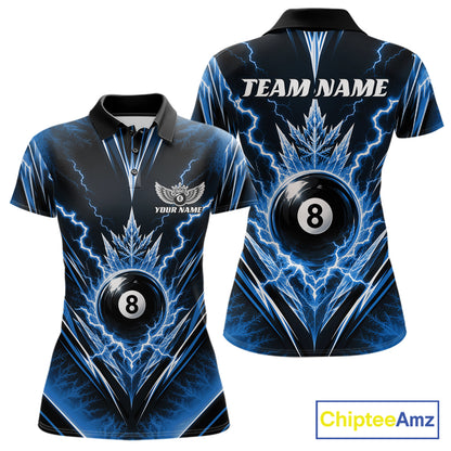 Custom Blue Icy Thunder Lightning 8 Ball Billiards Women Polo Shirt, Pool League Shirt IPHW11768
