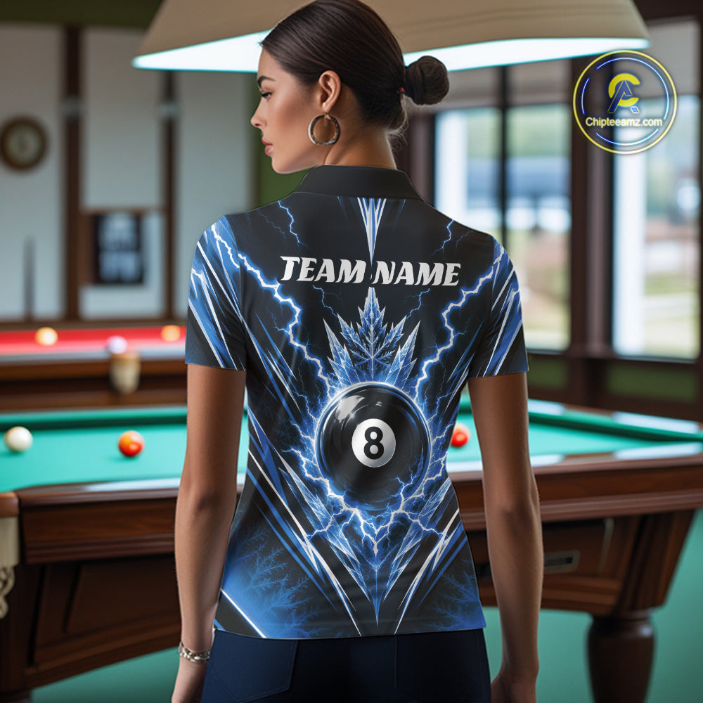 Custom Blue Icy Thunder Lightning 8 Ball Billiards Women Polo Shirt, Pool League Shirt IPHW11768
