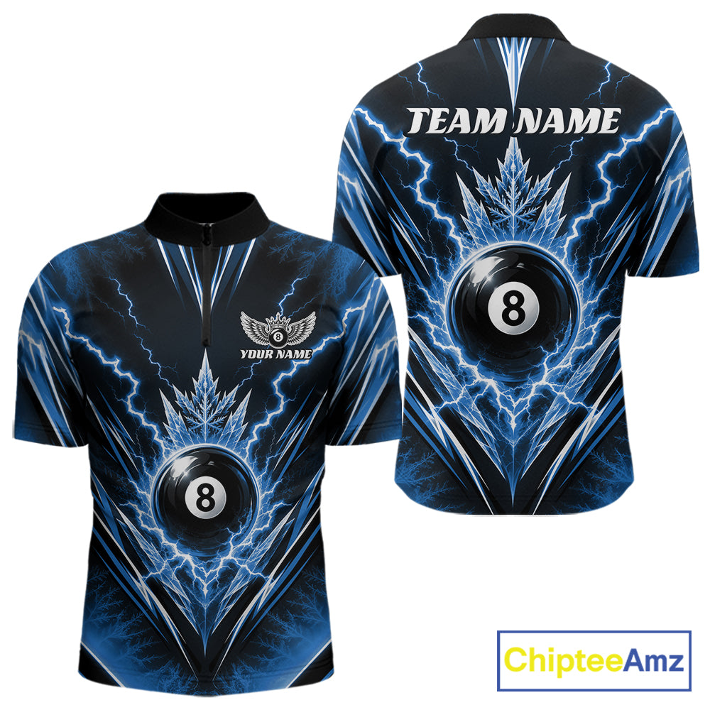 Custom Blue Icy Thunder Lightning 8 Ball Billiards Men Quarter Zip Shirt, Pool League Shirt IPHW11768