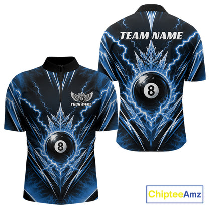 Custom Blue Icy Thunder Lightning 8 Ball Billiards Men Quarter Zip Shirt, Pool League Shirt IPHW11768