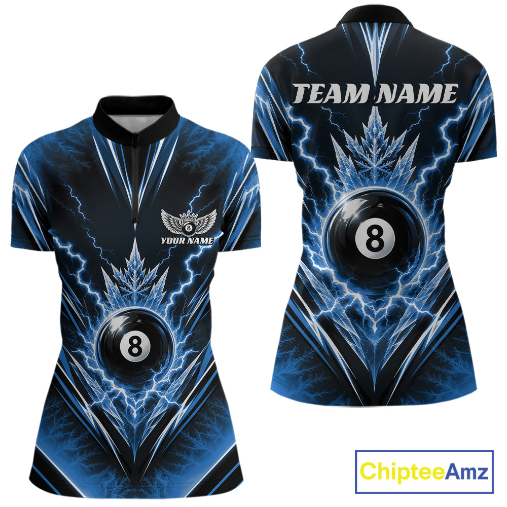 Custom Blue Icy Lightning 8 Ball Billiards Women Quarter-Zip Shirt, Pool League Shirt IPHW11768