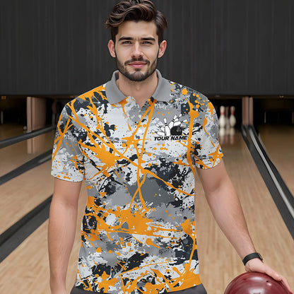 Custom Yellow Splatter Bowling Team Polo Shirts For Men, Bowling Tournament Shirts IPHW8308