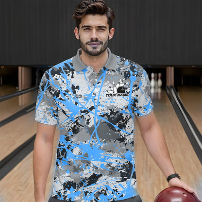 Custom Blue Splatter Bowling Team Polo Shirts For Men, Bowling Tournament Shirts IPHW8311