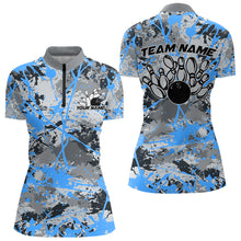 Load image into Gallery viewer, Custom Blue Splatter Bowling Team Quarter-Zip Shirts For Women, Bowling Tournament Shirts IPHW8311
