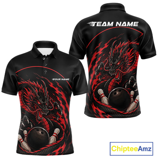 Front and back views of a red custom men's bowling polo shirt featuring an aggressive dragon with flames in a dynamic and energetic design.