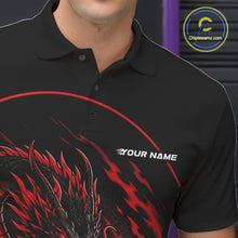 Load image into Gallery viewer, Close-up front view of the left chest area on a red custom bowling polo shirt featuring an aggressive dragon with flames in a dynamic and energetic design.