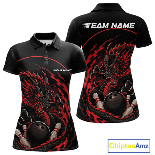 Front and back views of a red custom women's bowling polo shirt featuring an aggressive dragon with flames in a dynamic and energetic design.