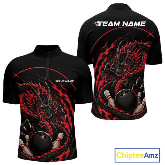Front and back views of a red custom quarter-zip bowling shirt featuring an aggressive dragon with flames in a dynamic and energetic design.