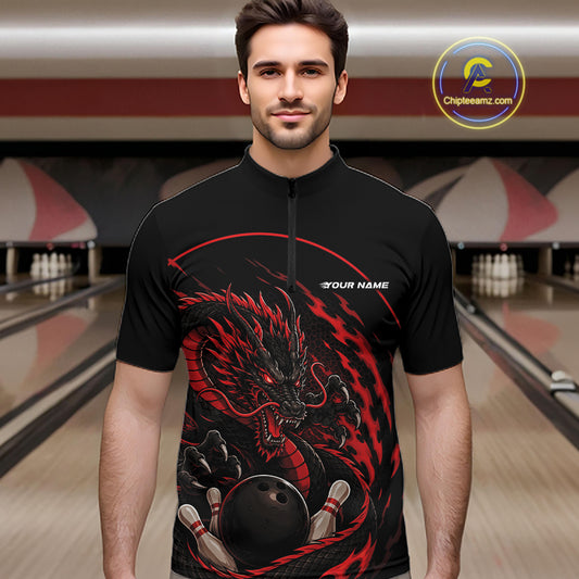 Front view of a male model in a bowling alley wearing a red custom quarter-zip bowling shirt featuring an aggressive dragon with flames in a dynamic and energetic design.