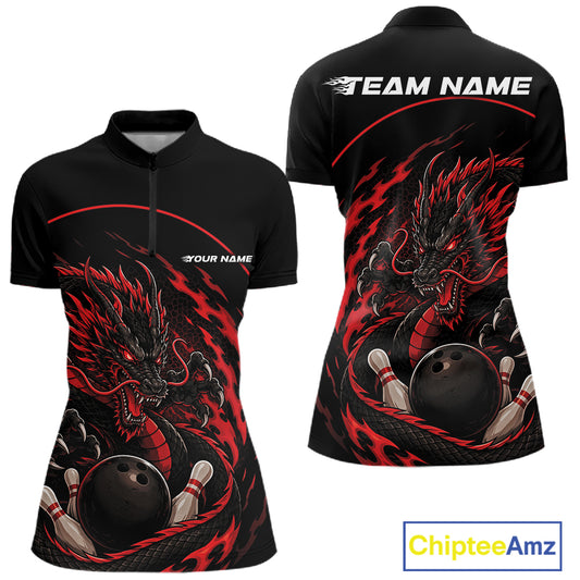 Front and back views of a red custom women's quarter-zip bowling shirt featuring an aggressive dragon with flames in a dynamic and energetic design.