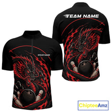 Load image into Gallery viewer, Front and back views of a red custom quarter-zip bowling shirt featuring an aggressive dragon with flames in a dynamic and energetic design.