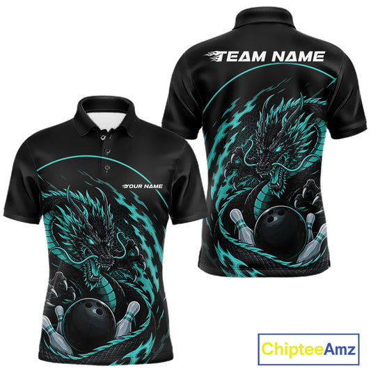Front and back views of a blue custom men's bowling polo shirt featuring an aggressive dragon with flames in a dynamic and energetic design.