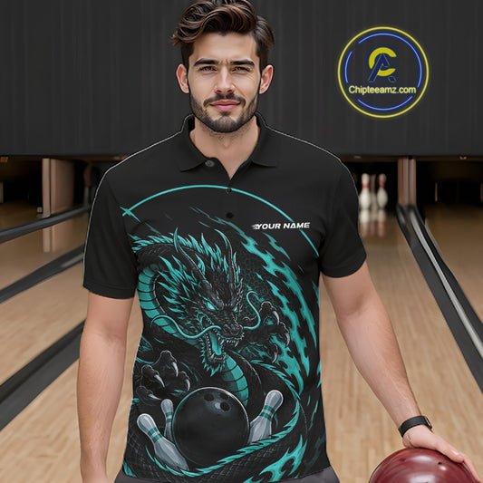 Front view of a male model in a bowling alley wearing a blue custom bowling polo shirt featuring an aggressive dragon with flames in a dynamic and energetic design.