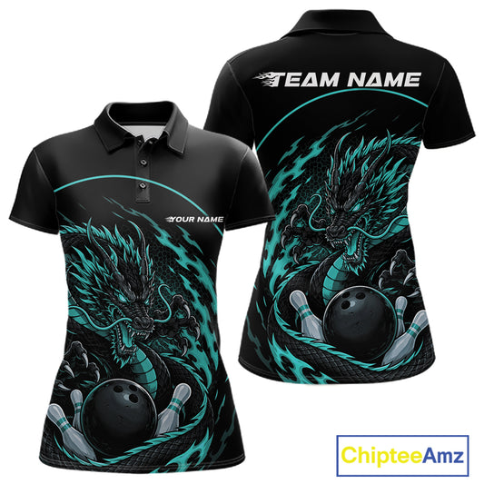 Front and back views of a blue custom women's bowling polo shirt featuring an aggressive dragon with flames in a dynamic and energetic design.