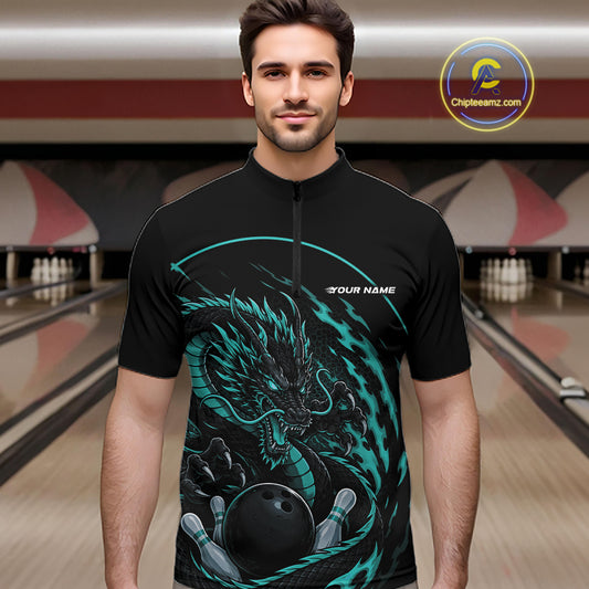 Front view of a male model in a bowling alley wearing a blue custom quarter-zip bowling shirt featuring an aggressive dragon with flames in a dynamic and energetic design.