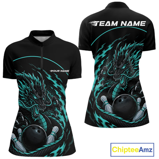 Front and back views of a blue custom women's quarter-zip bowling shirt featuring an aggressive dragon with flames in a dynamic and energetic design.