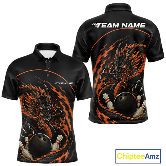 Front and back views of an orange custom men's bowling polo shirt featuring an aggressive dragon with flames in a dynamic and energetic design.