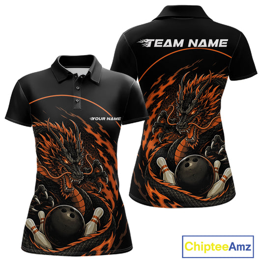 Front and back views of an orange custom women's bowling polo shirt featuring an aggressive dragon with flames in a dynamic and energetic design.