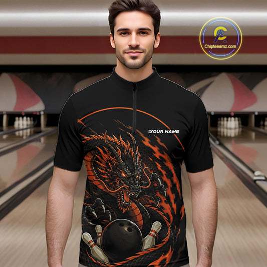 Front view of a male model in a bowling alley wearing an orange custom quarter-zip bowling shirt featuring an aggressive dragon with flames in a dynamic and energetic design.