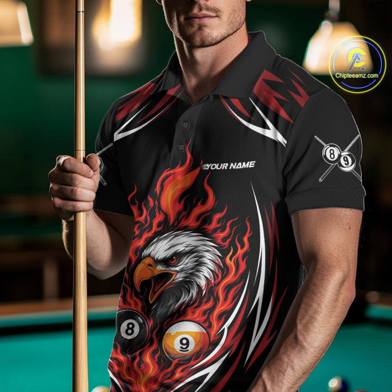 Custom Red Flame Eagle 8 Ball And 9 Ball Billiards Jersey Polo Shirt For Men IPHW11772