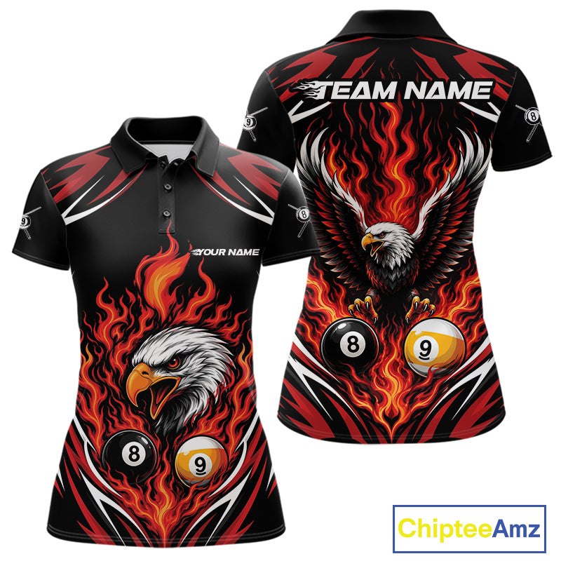 Custom Red Flame Eagle 8 Ball And 9 Ball Billiards Jersey Polo Shirt For Women IPHW11772