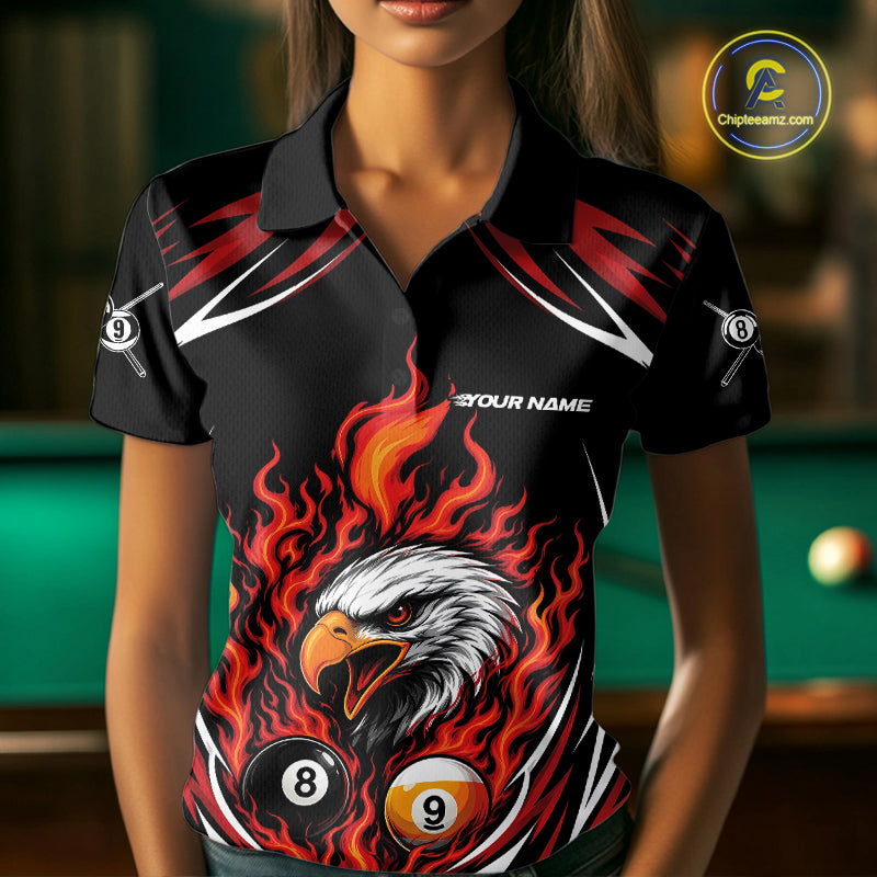 Custom Red Flame Eagle 8 Ball And 9 Ball Billiards Jersey Polo Shirt For Women IPHW11772