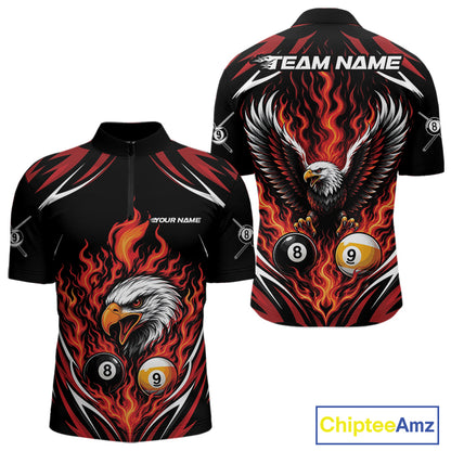 Custom Red Flame Eagle 8 Ball And 9 Ball Billiards Jersey Quarter Zip Shirt For Men IPHW11772