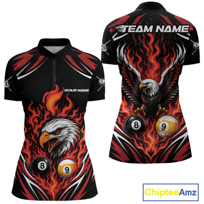 Custom Red Flame Eagle 8 Ball And 9 Ball Billiards Jersey Quarter-Zip Shirt For Women IPHW11772