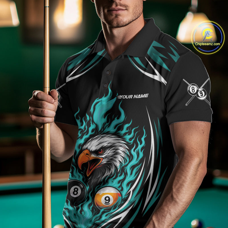 Custom Turquoise Blue Flame Eagle 8 Ball And 9 Ball Billiards Jersey Polo Shirt For Men IPHW11773