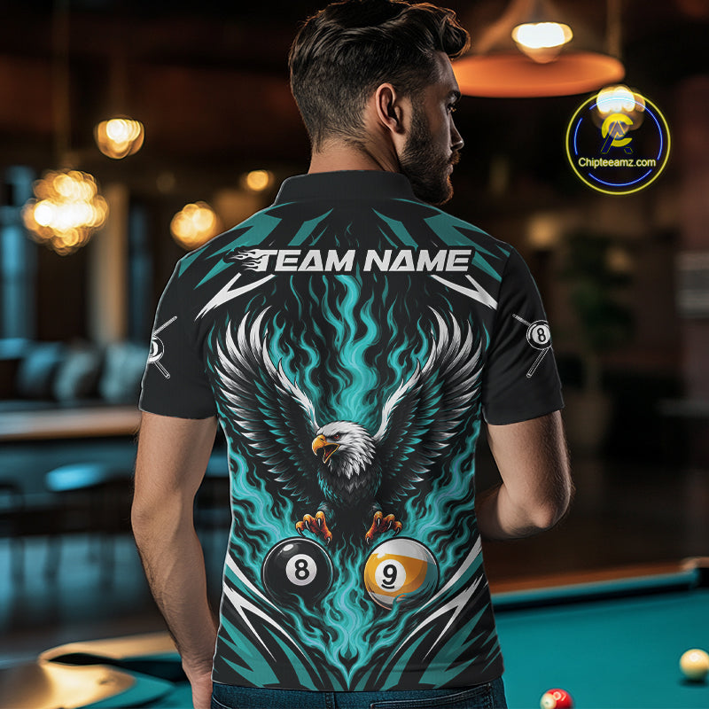 Custom Turquoise Blue Flame Eagle 8 Ball And 9 Ball Billiards Jersey Polo Shirt For Men IPHW11773
