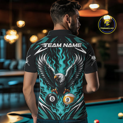 Custom Turquoise Blue Flame Eagle 8 Ball And 9 Ball Billiards Jersey Polo Shirt For Men IPHW11773