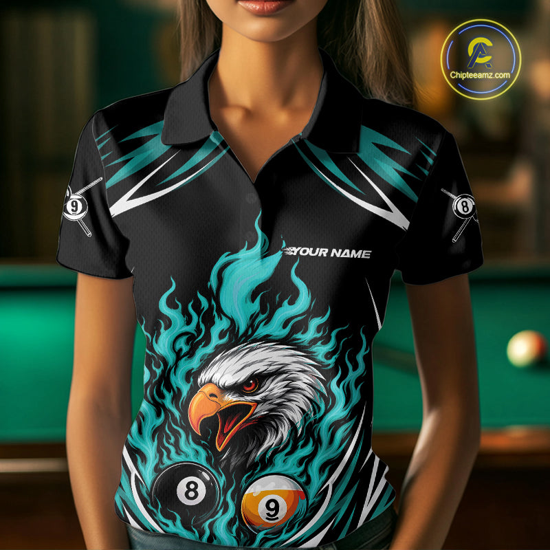 Custom Turquoise Blue Flame Eagle 8 Ball And 9 Ball Billiards Jersey Polo Shirt For Women IPHW11773