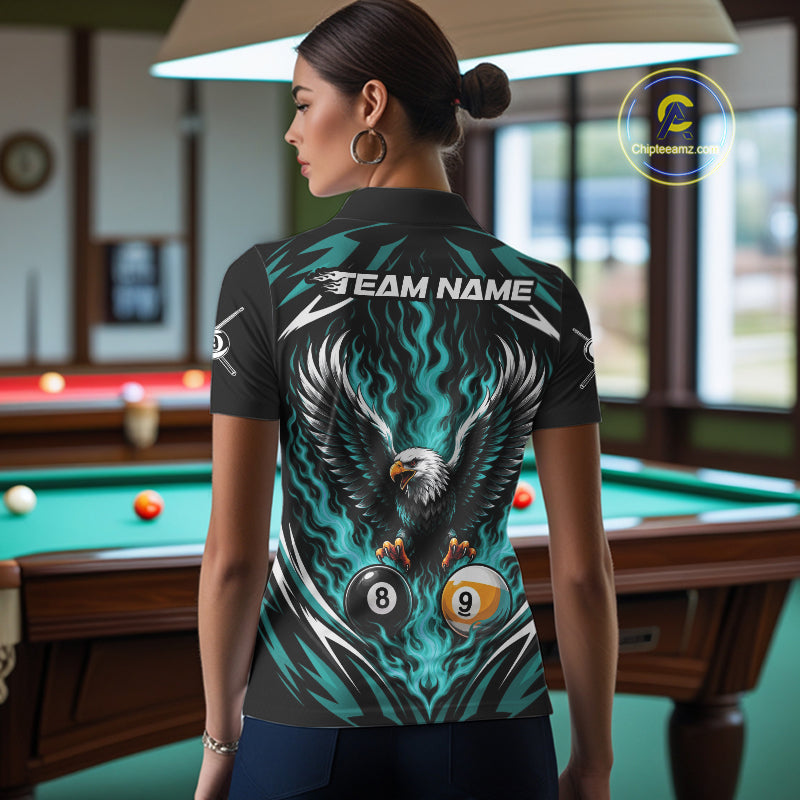 Custom Turquoise Blue Flame Eagle 8 Ball And 9 Ball Billiards Jersey Polo Shirt For Women IPHW11773