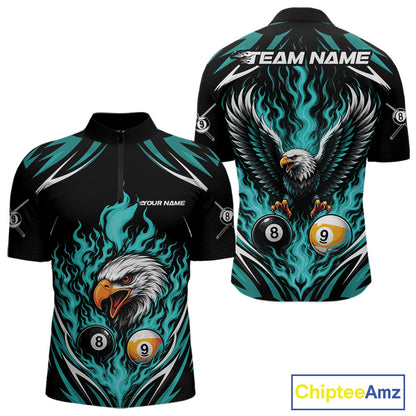 Custom Turquoise Blue Flame Eagle 8 Ball And 9 Ball Billiards Jersey Quarter Zip Shirt For Men IPHW11773