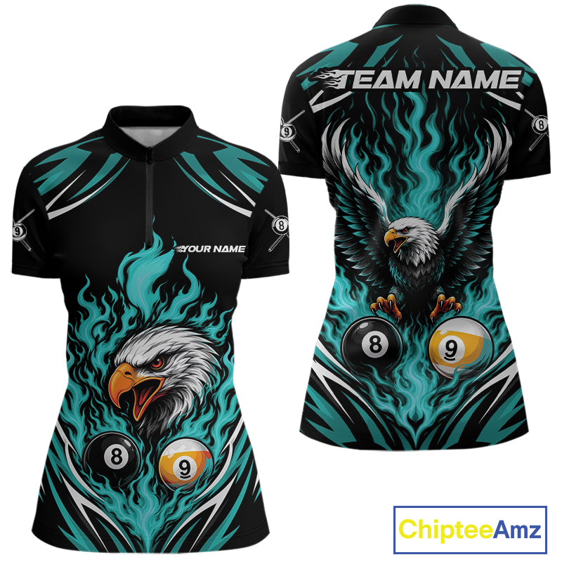 Custom Blue Flame Eagle 8 Ball And 9 Ball Billiards Jersey Women Quarter-Zip Shirt IPHW11773