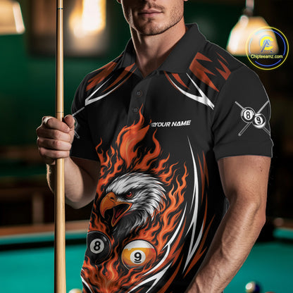 Custom Orange Flame Eagle 8 Ball And 9 Ball Billiards Jersey Polo Shirt For Men IPHW11774