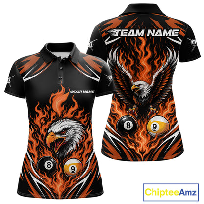 Custom Orange Flame Eagle 8 Ball And 9 Ball Billiards Jersey Polo Shirt For Women IPHW11774