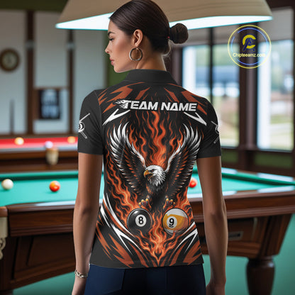 Custom Orange Flame Eagle 8 Ball And 9 Ball Billiards Jersey Polo Shirt For Women IPHW11774